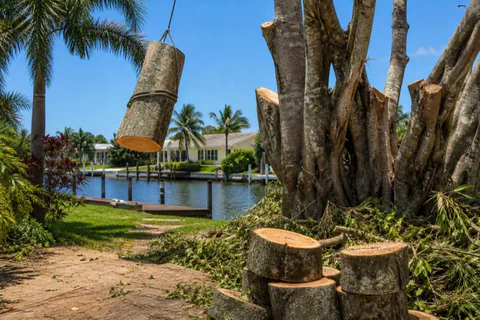 Trunk section of a large ficus swinging on a rigging line beside a canal-front Pompano Beach home, cut rounds stacked on plywood